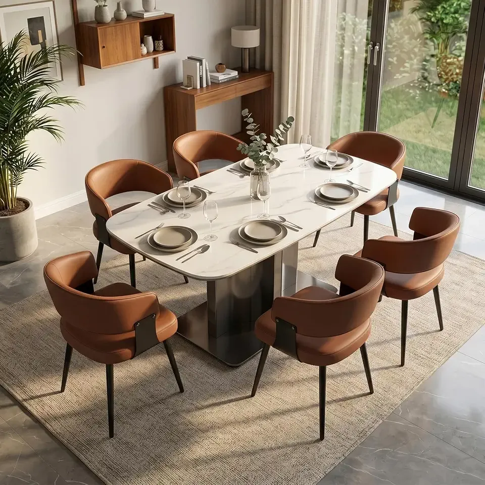 7 Piece Modern Dining Table Set, 71" Sintered Stone Kitchen Table | Sintered Stone Kitchen Table with Pedestal Base and 6 Faux Leather Upholstered Chairs with Curved Backrest, Brown Chairs