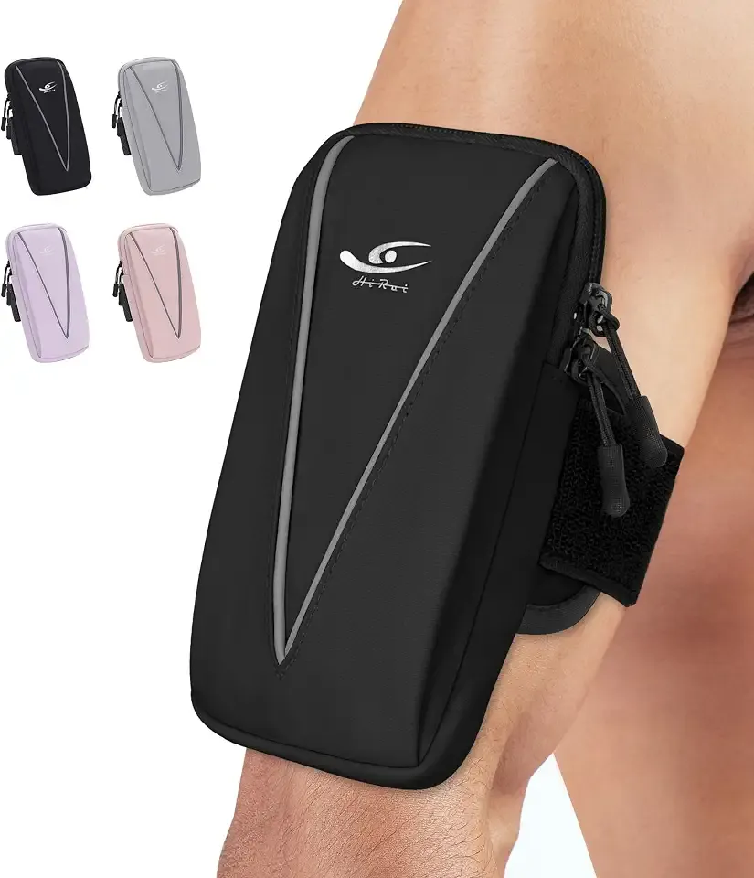 HiRui Cell Phone Holder Arm Bag & Wrist Bag for Phone, Sports Running Armband for Gym & Cycling, Compatible with iPhone 17/17Pro/Plus/16/15 Samsung Galaxy All Phones, Reflective & Adjustable (Black)