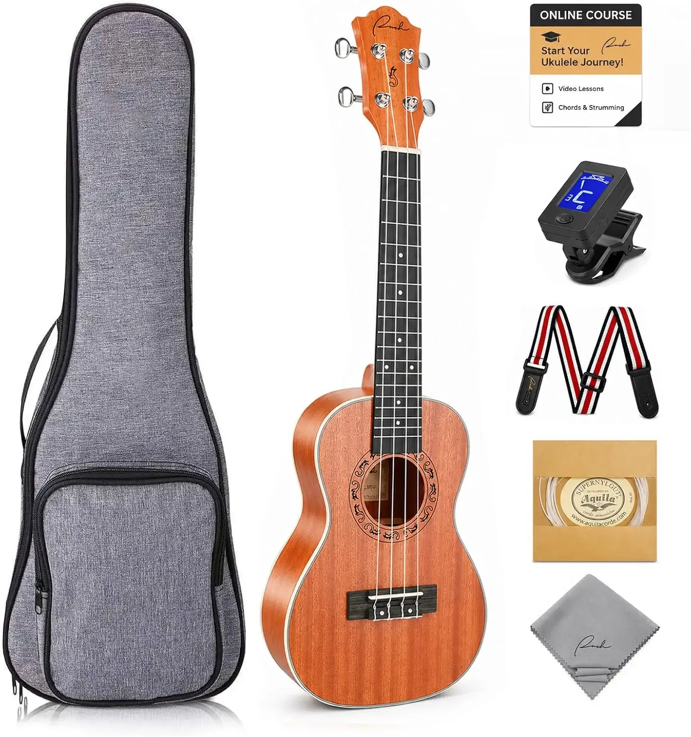 Ranch 23" Concert Ukulele Beginner Kit, Sapele Wood, Arched Back Tone | 15% Longer Sustain, Warmer Woodier Tone, Sapele & Mahogany, for Adults Beginners, 12 Online Lessons, Aquila Strings, Tuner