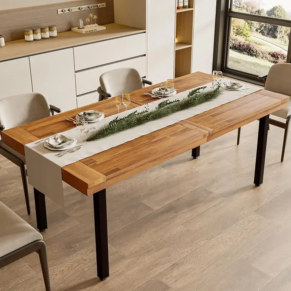 OFIKA Dining Table for 6-8 People, 70" Acacia Wood Rustic Rectangular Dinner Table with Metal Frame, Sandblast Finish, Natural Stained, Indoor Outdoor Kitchen Dining Room Table Large 70x33.2x30 inch