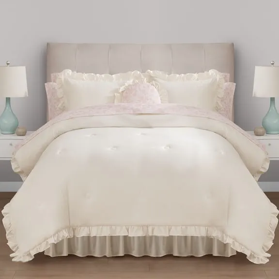 Mainstays All in One Reversible Comforter and Sheet set- 11 Piece, Queen, Cream Ruffle