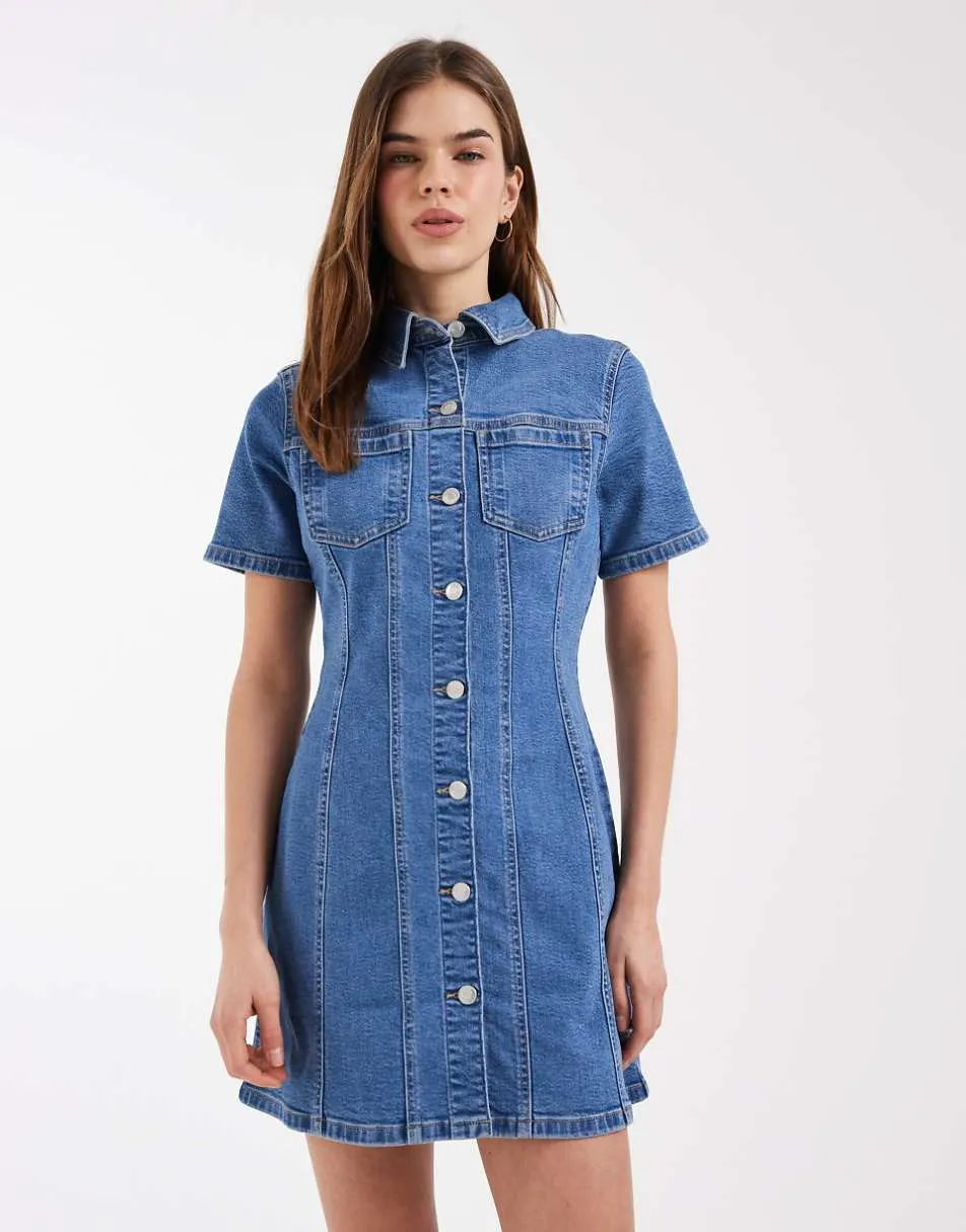 ASOS DESIGN denim fitted shirt mini dress in mid blue
