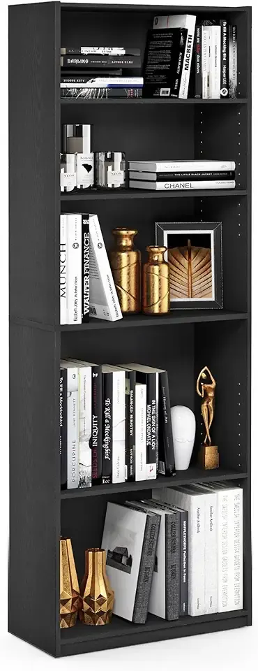 Furinno JAYA Book shelf, 5-Tier Bookshelf, Bookcase with Adjustable Shelves, 9.5 x 24.5 x 71.2, for Living Room, Bedroom, Home Office, Blackwood