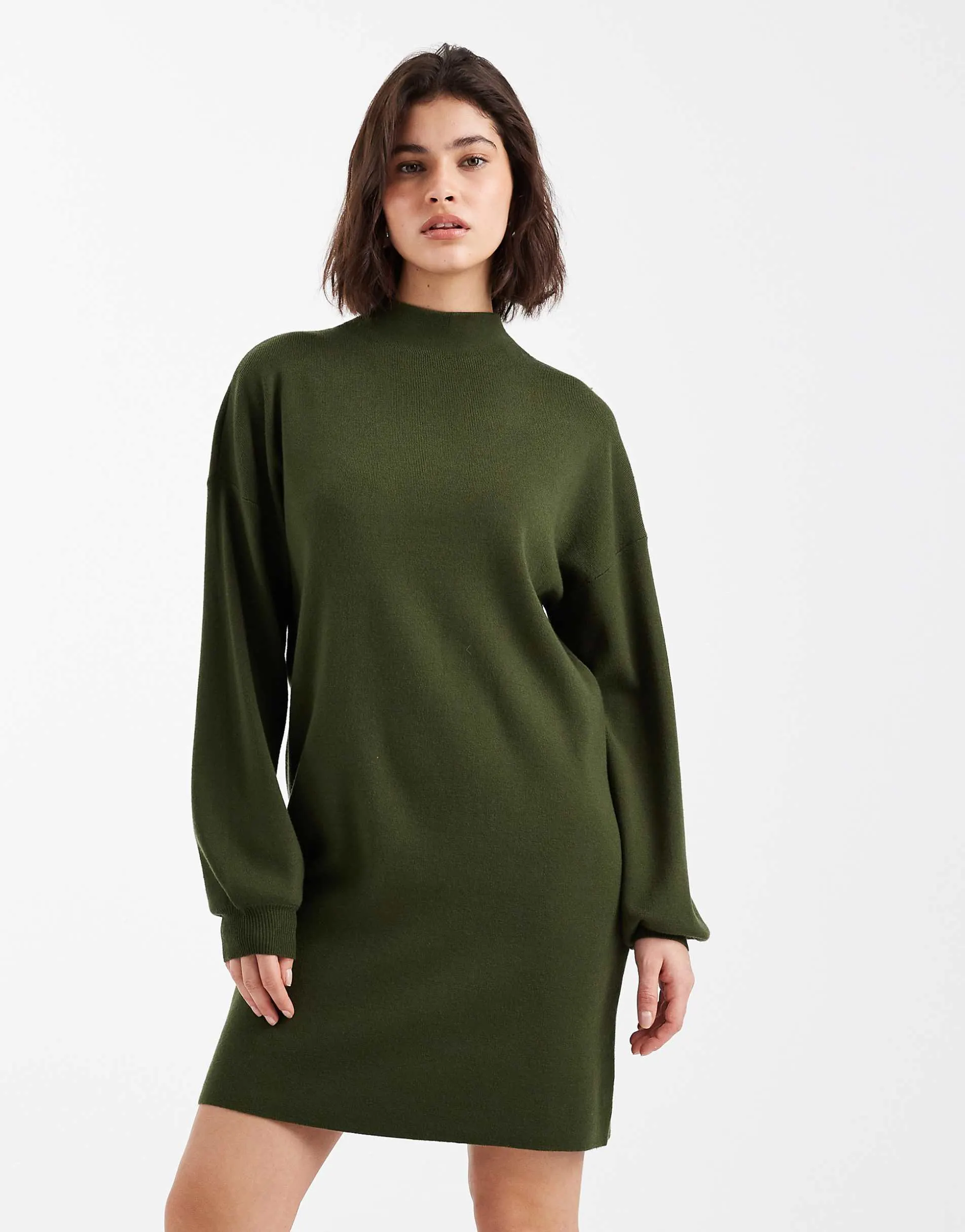 Vero Moda knitted funnel neck mini dress in khaki