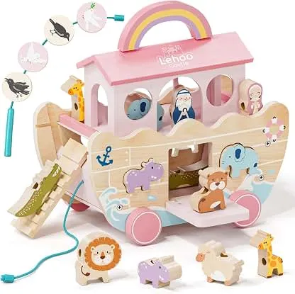 Lehoo Castle Pink Wooden Noah's Ark Toy for 1 Year Old Girl, Baptism Gift | Animal Shape Sorter, Montessori Toy with Lacing Beads, Pull-Along Boat & Carry Handle, Christmas Birthday Gift for Toddlers Lehoo Castle Pink Wooden Noah's Ark Toy for 1 Year Old…