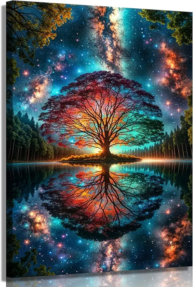 Tree of Life Canvas Wall Art Starry sky reflection Pictures Wall Decor Modern Abstract Poster Print Artwork for Living Room Yoga Room Hotel Bedroom Home Decoration 12x16in