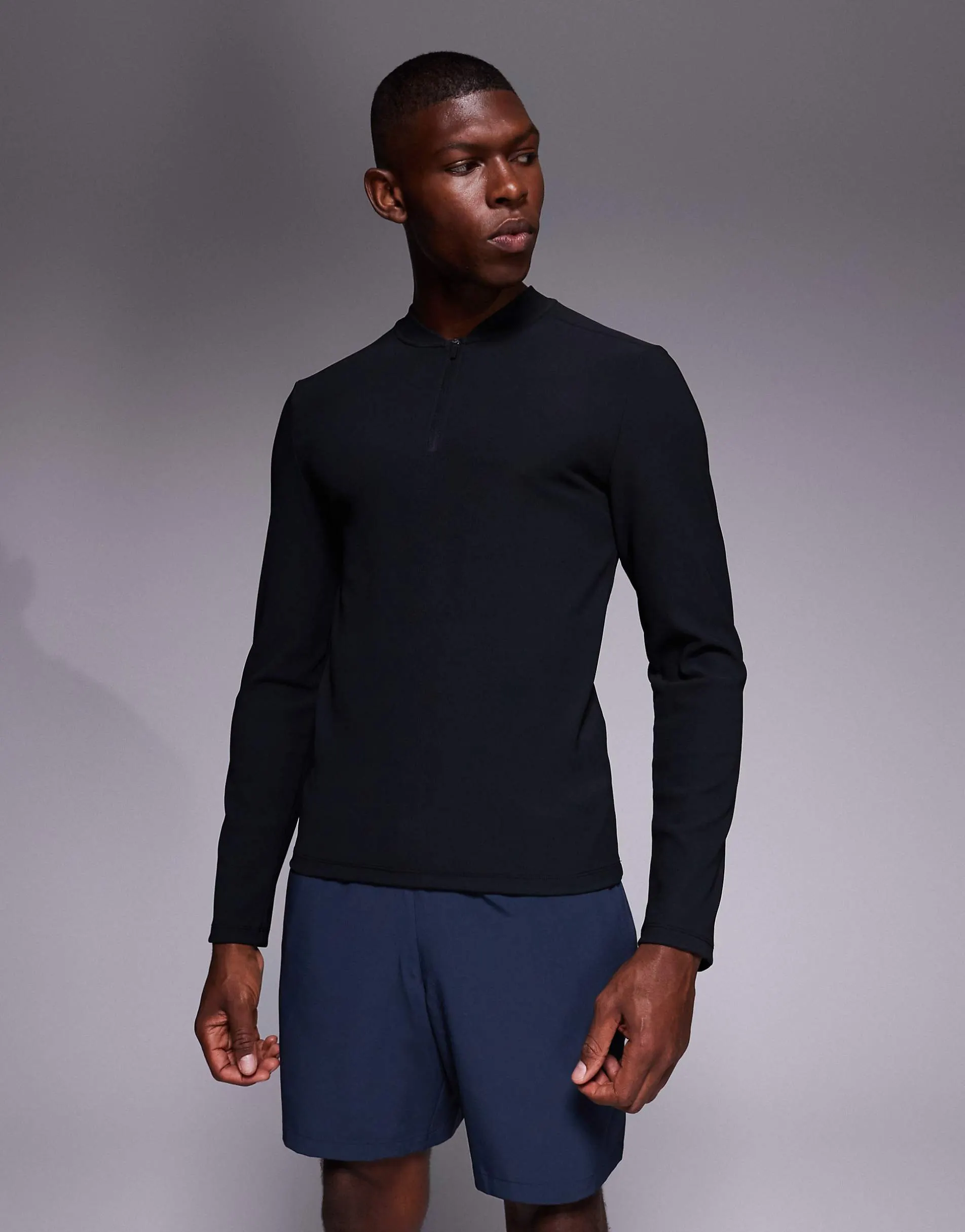 4505 active rib slim fit long sleeve zip up running top in black