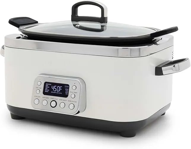 GreenPan Elite 14-in-1 Nonstick 6QT Electric Slow Cooker, PFAS-Free Ceramic Multi-Cooker, In-Pot Browning, Dishwasher Safe Lid & Removable Crock, Stainless Steel Steamer, Silicone Handles, White
