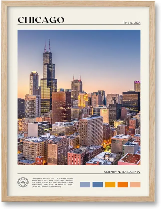 HesenDot Natural OAK Wood Chicago Cityscape Framed Wall Art,12x16in City Skyline Canvas Wall Print,Modern Urban Landmark Wall…