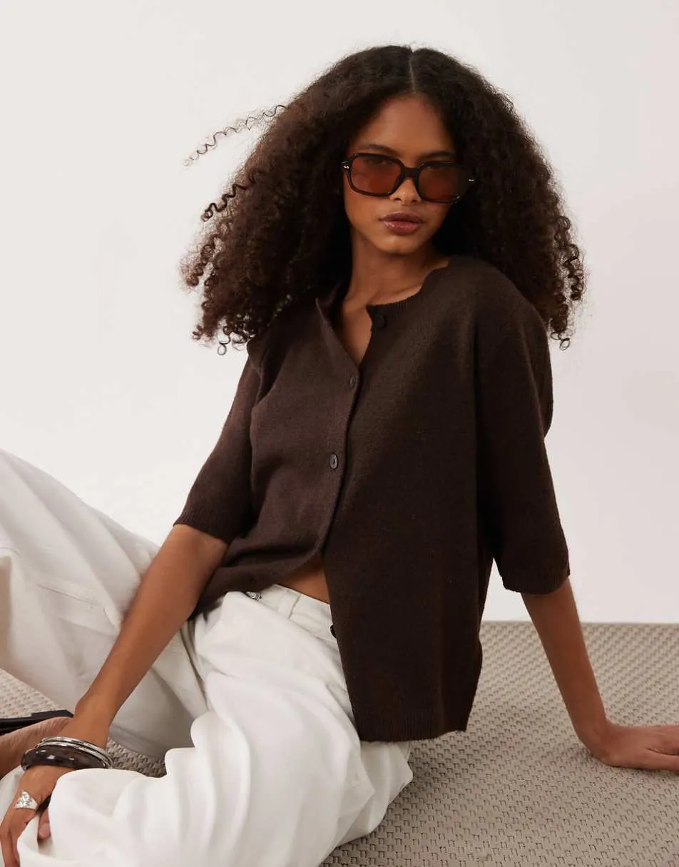 Vila short sleeve knit cardigan in chocolate melange
