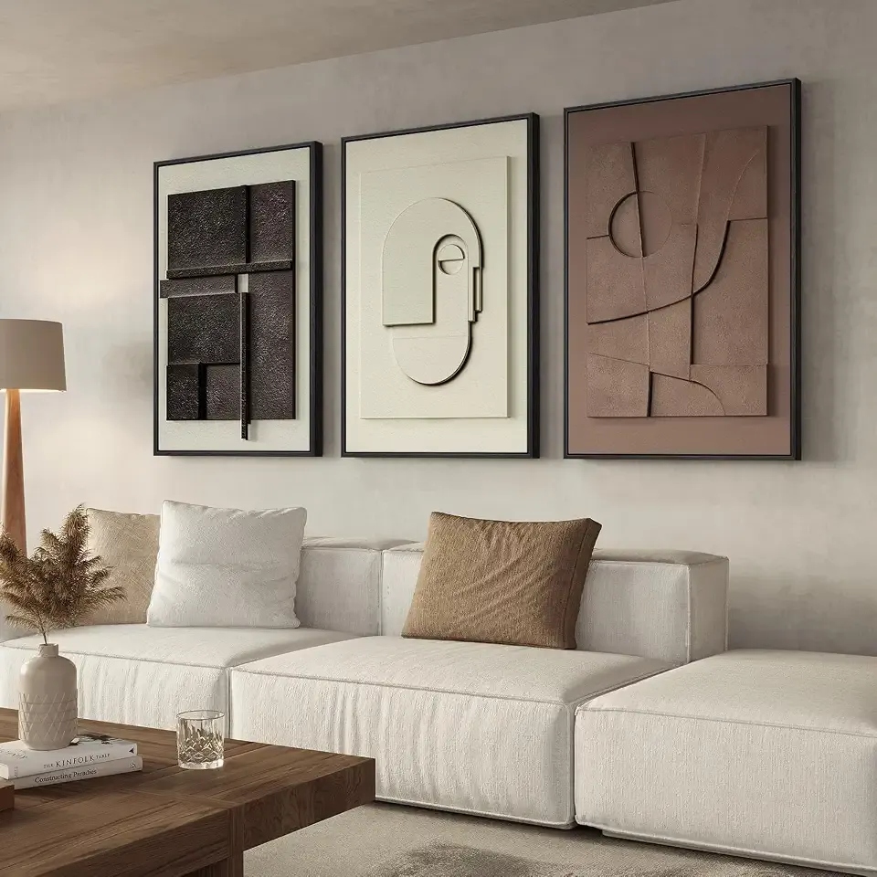 Large 3D Framed Abstract Wall Art Set, 3 Piece Modern Artwork for Walls | Solid Wood Frames, Textured Paintings, Black White Brown Neutral Tones, Living Room Dining Bedroom Office Pictures Wall Decor
