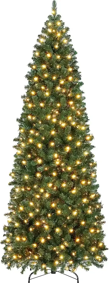 Yaheetech 9ft Pre-lit Artificial Christmas Tree with 500 Warm Lights Hinged Spruce Pencil with Foldable Stand Holiday Decoration Slim Tree, Green