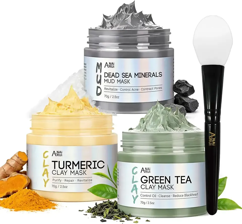 ANAI RUI 3 Pcs Face Mask Set - Turmeric Clay Mask - Green Tea Face Mask - Dead Sea Mud Mask for Oily Skin, Blackheads & Pores -Spa Gift Set Self Care for Women Teens 2.5 oz Each