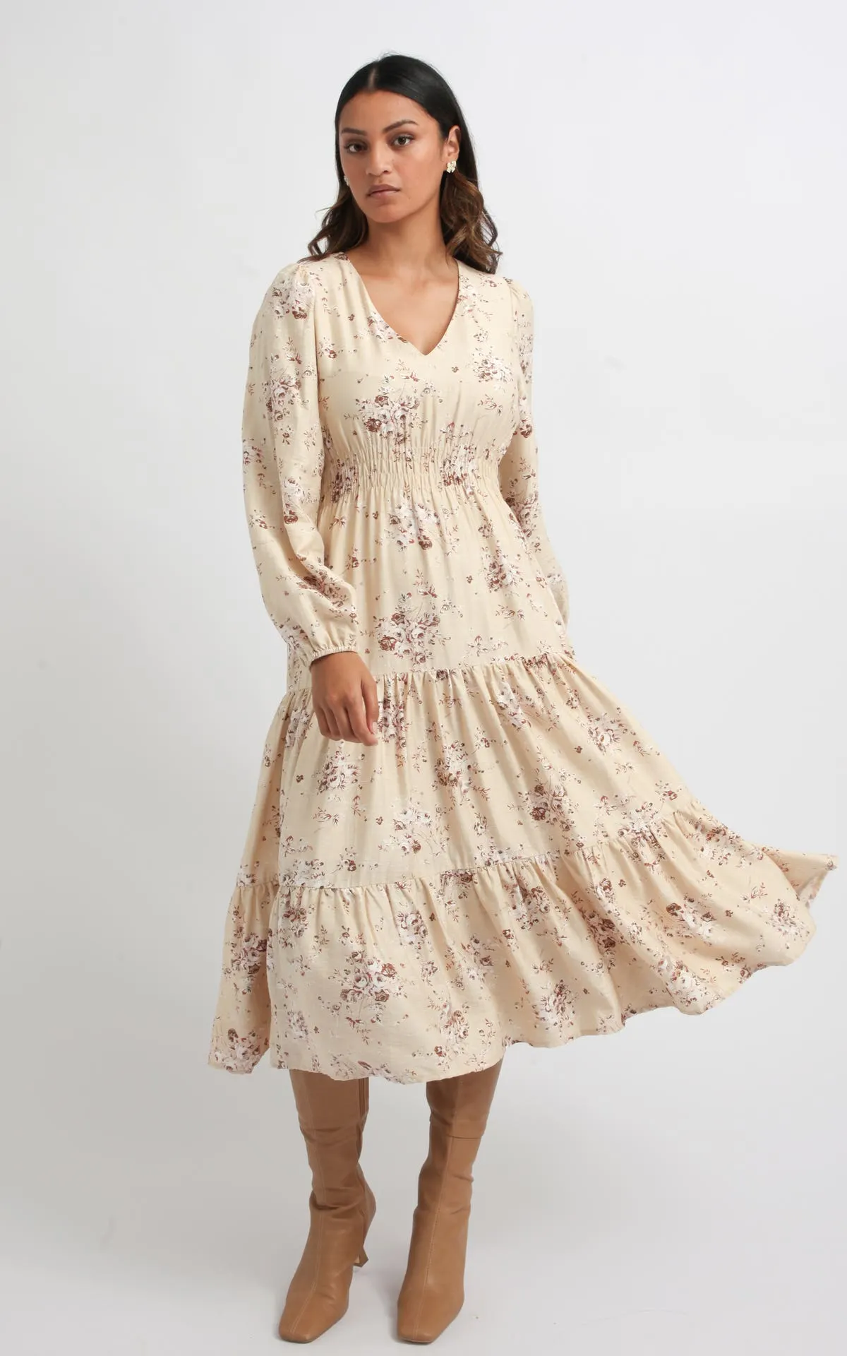 Voile V Neck LS Midi Dress