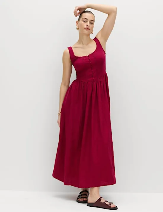 Midi-Kleid mit tiefer Taille, hohem Leinenanteil, Bindekragen und U-Ausschnitt