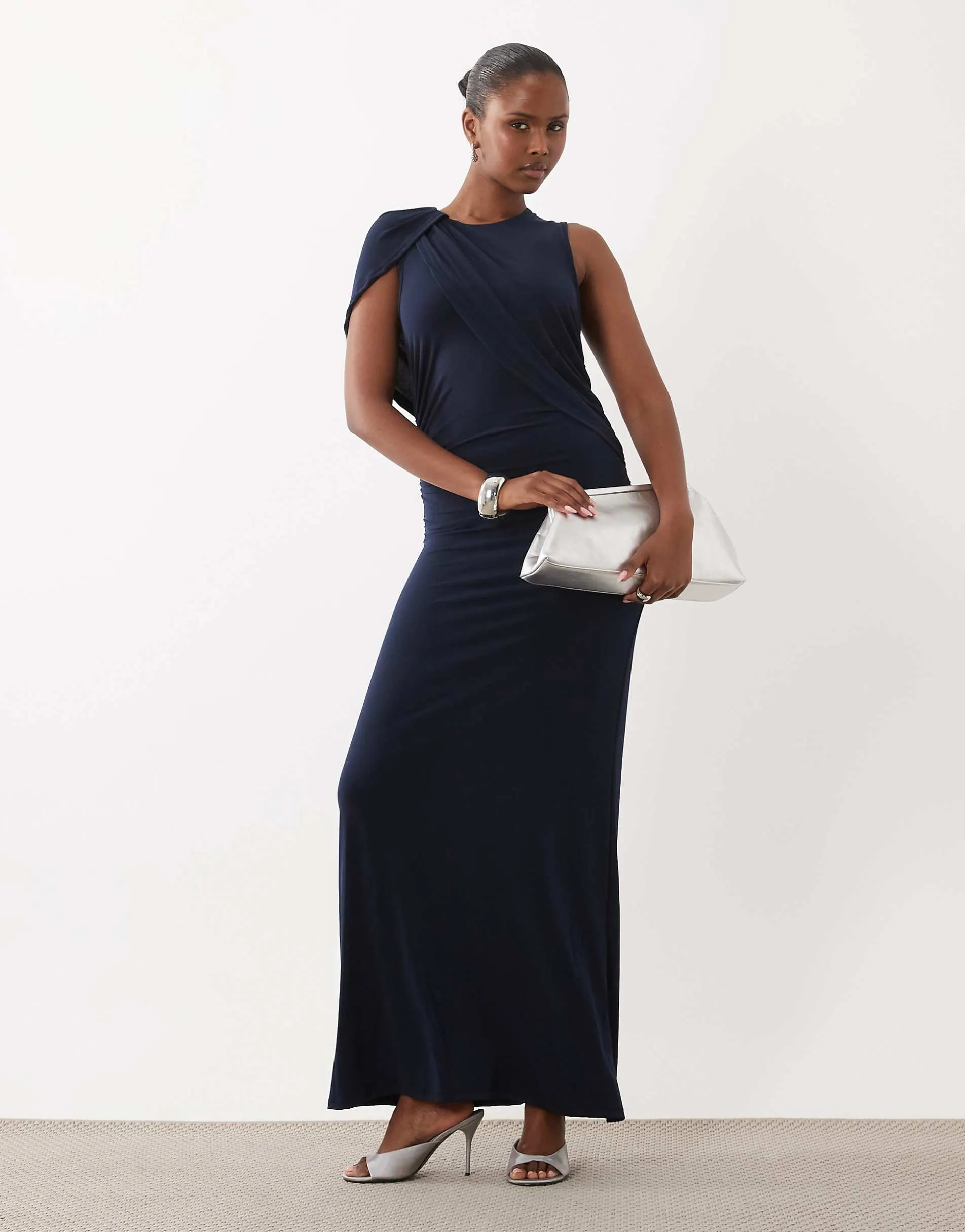 AWARE sleveless ruched side maxi dress with cape detail in navy