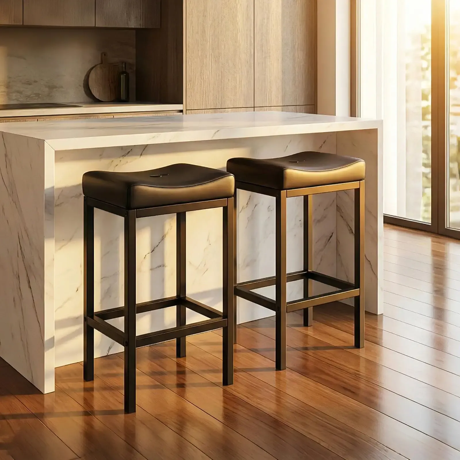 Counter Height Bar Stools Set of 2, Faux Leather 24 Inch Barstool | 2.75" Thick Upholstered Saddle Barstools with Metal Base and Footrest for Kitchen Island, Home Bar, Small Apartment, Black