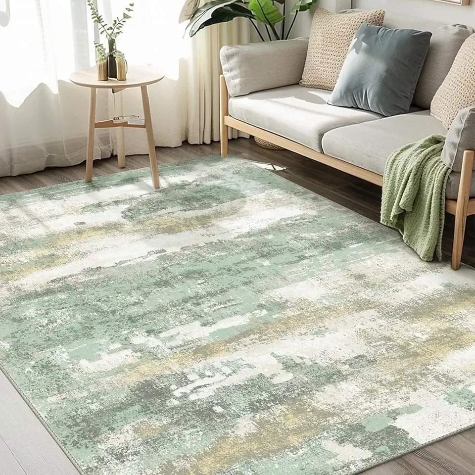 Area Rugs 5x7 for Living Room Bedroom, Modern Abstract Machine Washable Large Light Green Rug Soft Rug, Low Pile Floor Carpet with Non Slip Backing for Dining Room
