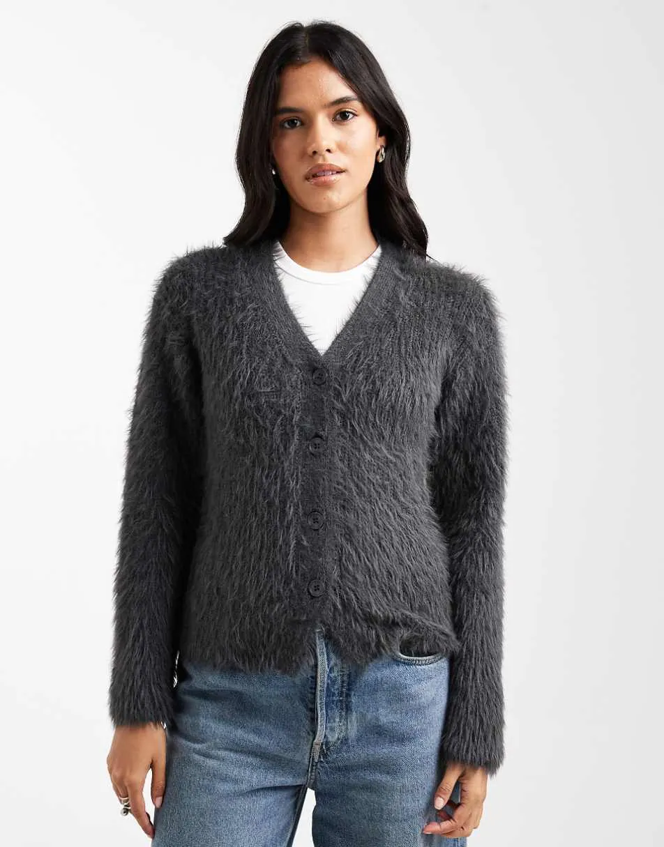 ASOS DESIGN knitted v neck cardigan in eyelash yarn in charcoal