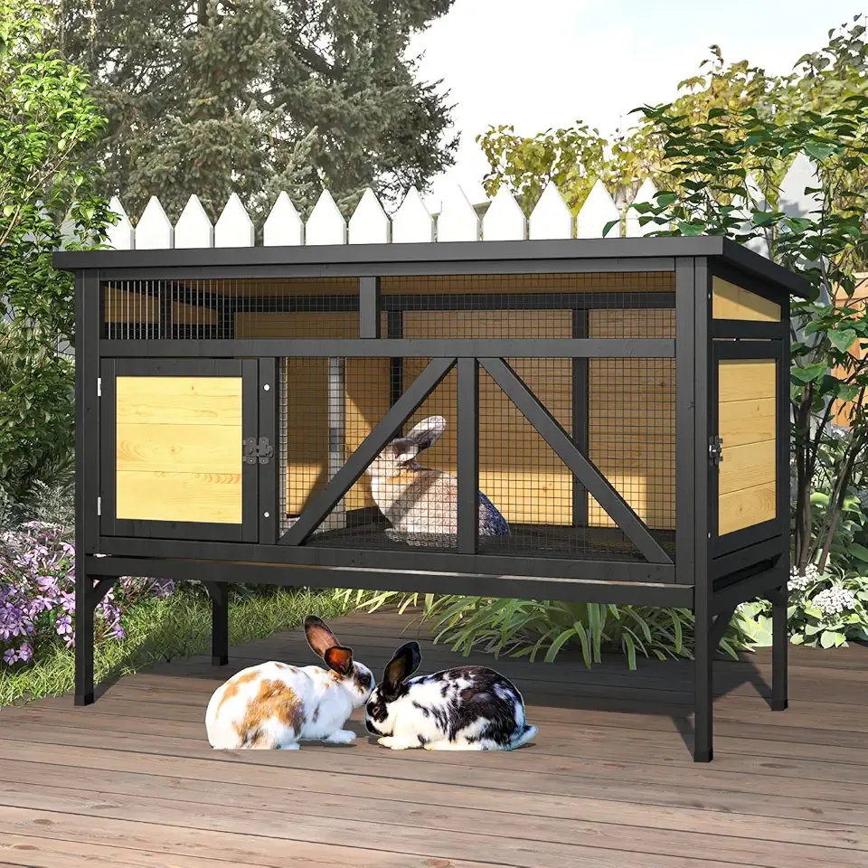 TIMHAKA 46.7" Elevated Rabbit Cage - Indoor & Outdoor Rabbit Hutch, Bunny Cage for Guinea Pig, Wooden Design with Removable Tray, Waterproof Asphalt Roof & Bottom Wire Mesh for Small-Medium Animals
