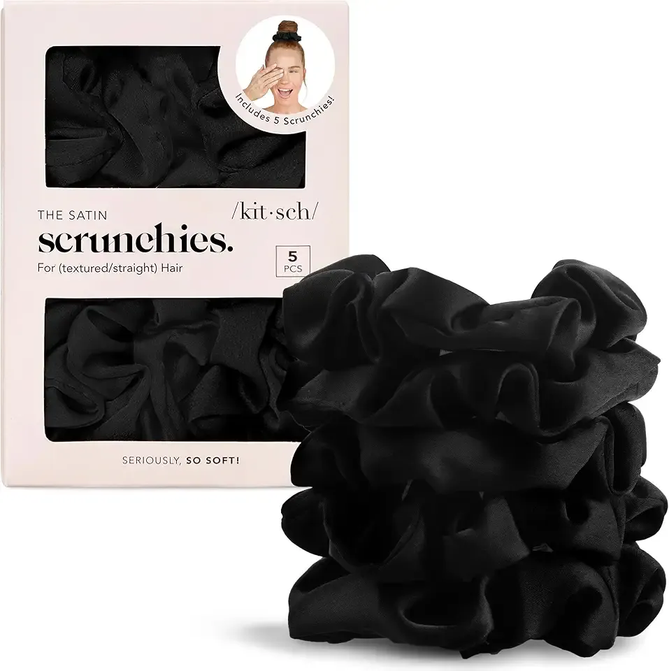 Kitsch Satin Scrunchies for Women – No Crease Hair Ties – Soft Satin Hair Scrunchies for Girls – Frizz Free, Gentle, Stylish Hair Accessories | Ideal Gifts for Women – Black, 5 pcs