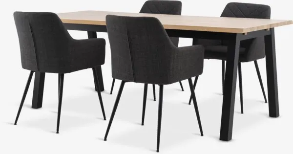 SKOVLUNDE L200 tafel naturel eiken + 4 PURHUS grijs/zwart
