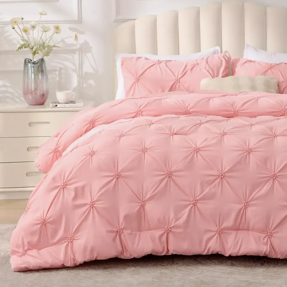 BEDELITE Pink Comforter Set Queen - 3 Pieces Boho Pintuck Bedding Comforter Sets, Lightweight Soft & Warm Bed Comforter Queen with 2 Pillowcases for All Season