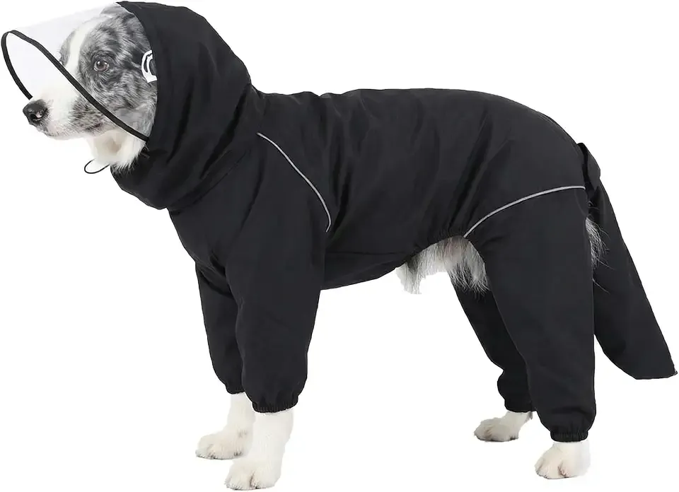 Dog Raincoat for Medium Large Dogs,rain Jacket Coat, Full Leg Coverage Waterproof Rain Suit with Detachable Hood & Tail, Reflective Strips, Snag-Free Top Zipper (Black for Boy, Small)
