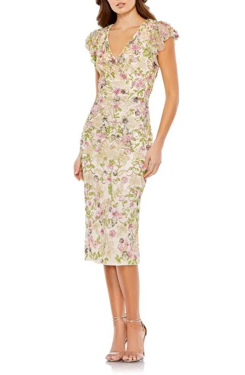 Mac Duggal Floral Embellished Flutter Cap Sleeve Dress