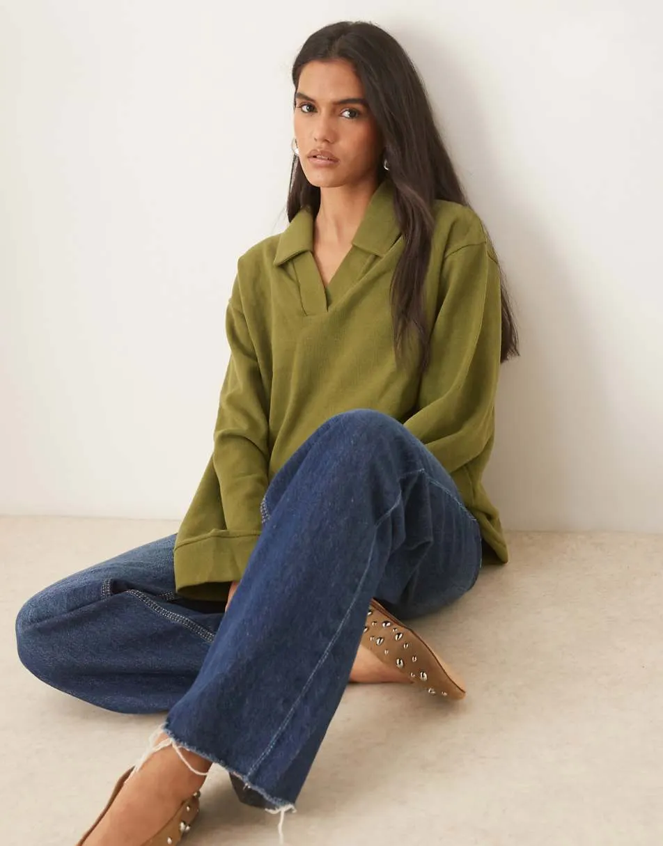 ASOS DESIGN Supersoft rugby collar long sleeve tee in khaki - KHAKI