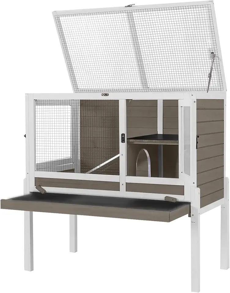 Aivituvin Guinea Pig Cages, Rabbit Hutch with Anti-Chew Frame, Bunny Cage with Cleaning Sliding Tray, 3 Openable Areas, Assemblable Legs, Ramp & Hideout Included - Brown