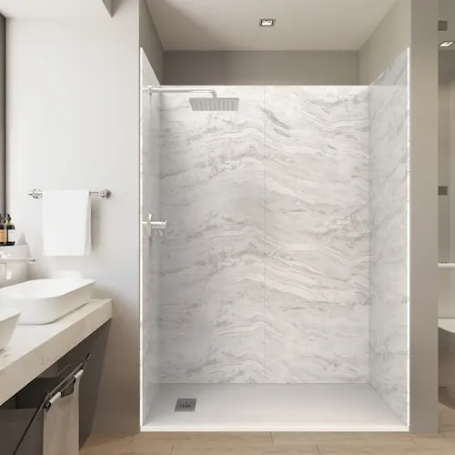 Castico Sierra Light 32 in. x 60 in. x 84 in. Solid Composite Stone Alcove Shower Kit with Walls and White Pan Base L/R Drain