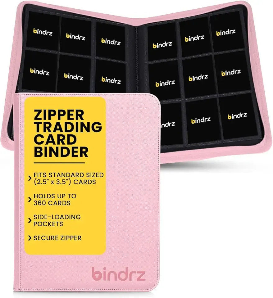 bindrz 9 Pocket Zipper Binder for 360 Sleeved Trading Cards - Side Loading Pockets Album - Archival Safe Material and Compatible with TCG MTG and Sports Collectibles (Pink)