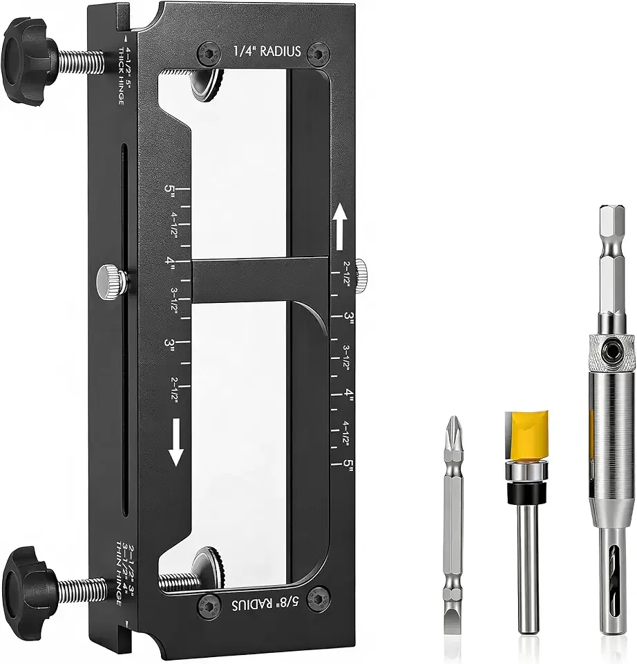 Door Hinge Jig, Pro Aluminum Alloy Router Template, Adjustable Mortising Jig for 2.5" to 5" Hinges, Compatible with 1/4" & 5/8" Radius and Square Corner Hinges