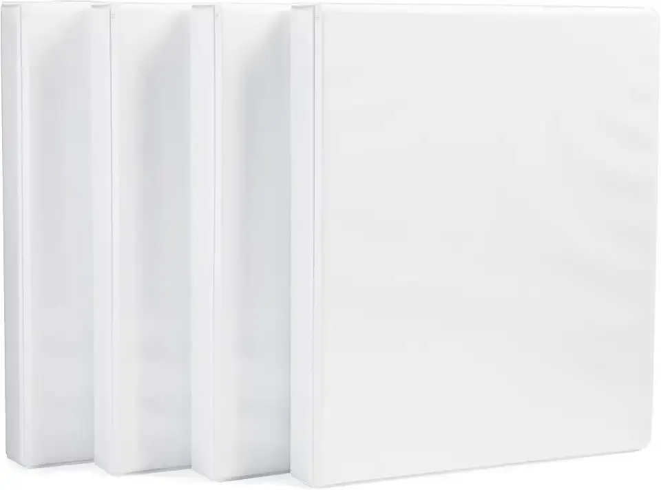 Amazon Basics 3 Ring Binder, 1 Inch D-Ring, Clear Overlay, Pockets for Storage and Organization, White, 4 Pack