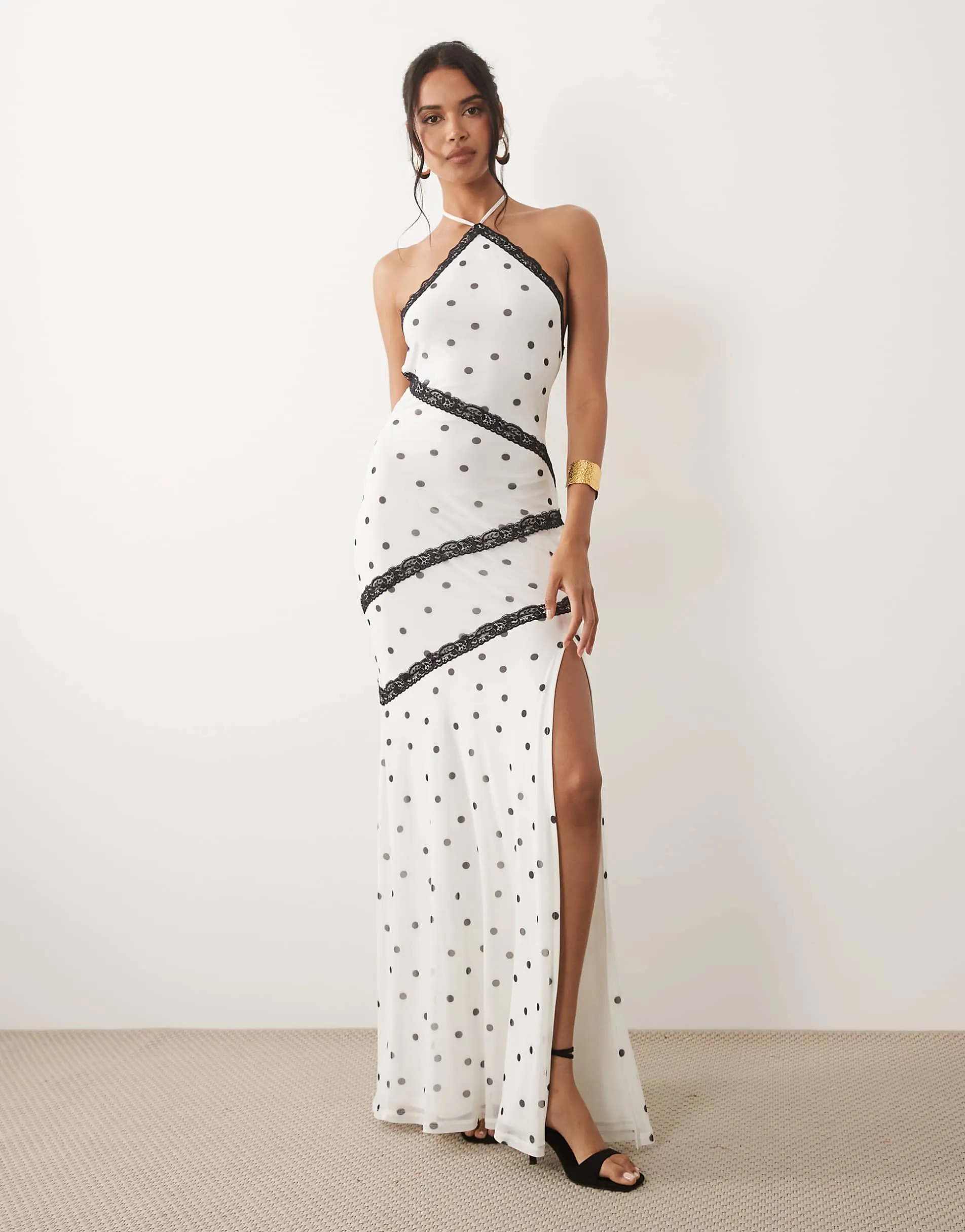 ASOS DESIGN halter mixed polka dot maxi dress in white