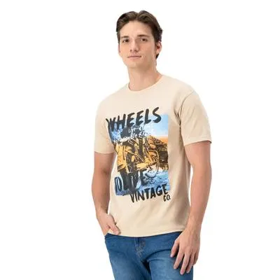 Playera Hummo Hombre diseño frontal moto con leyenda Wheels To Live Vintage Co.