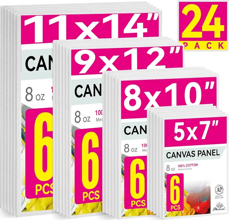 PHOENIX 24 Pack Canvases for Painting - 5x7, 8x10, 9x12, 11x14 Inch, 8 Oz Triple Primed 100% Cotton Flat Canvas Boards White Blank Canvas Panels Multi Size Bulk Pack for Acrylic & Oil Paints