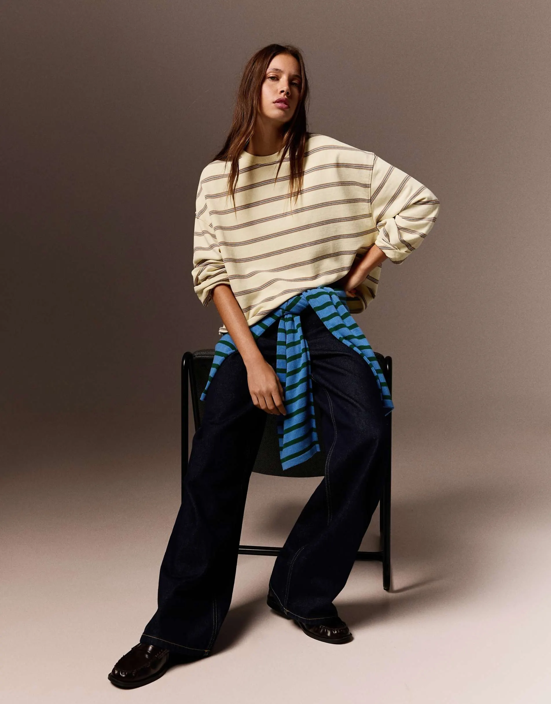 Bershka Striped round neck sweatshirt in yellow