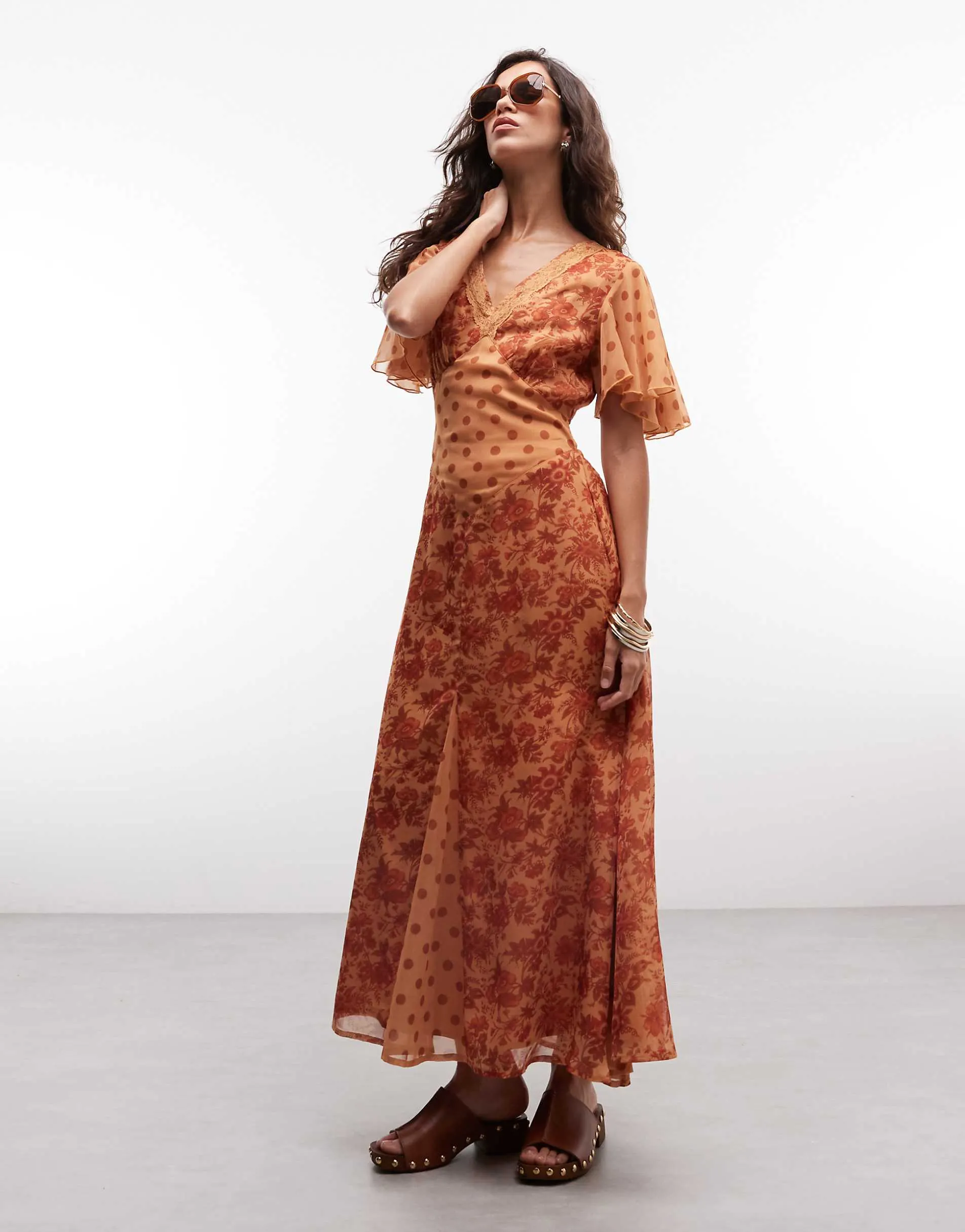 Reclaimed Vintage midi tea dress with fluttter sleeves in rust floral