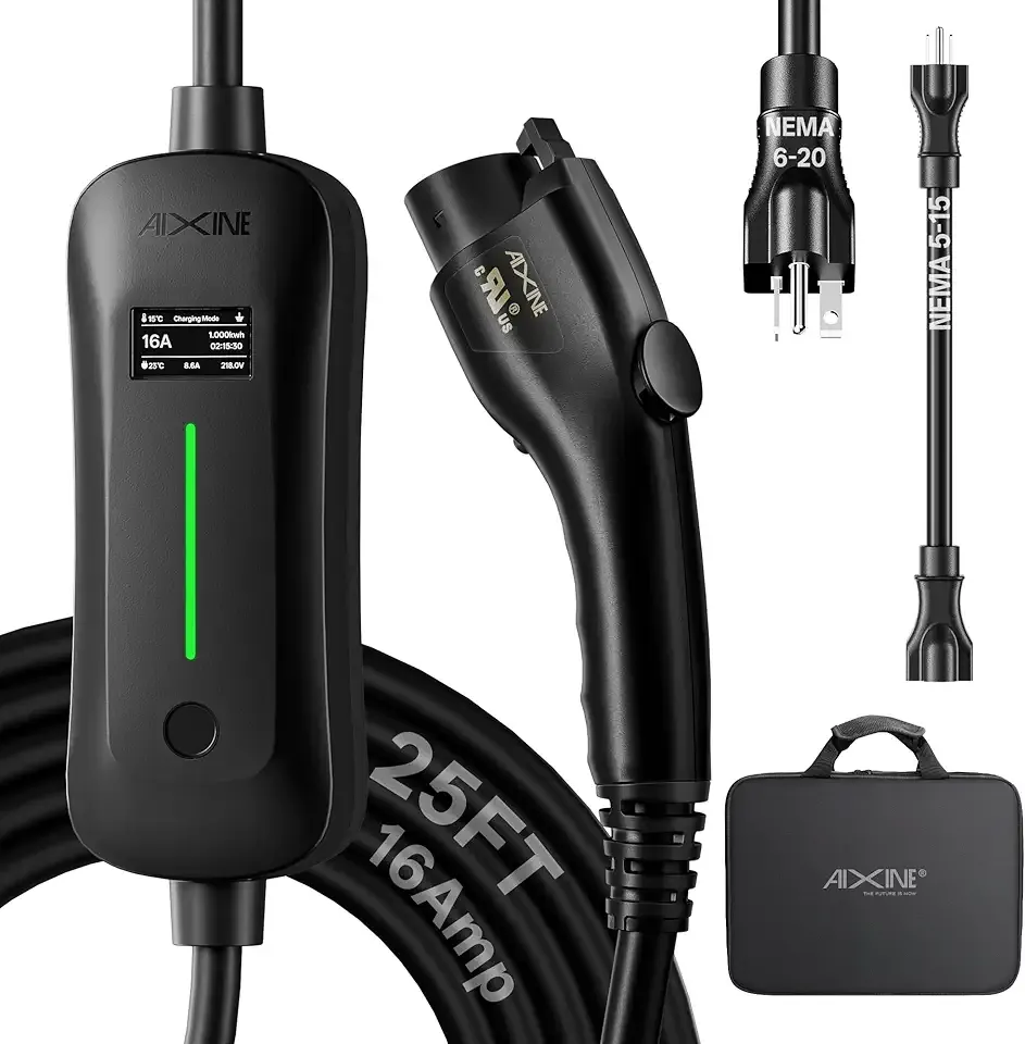 Level 1&2 EV Charger,J1772 16A EV Charger with 25FT Extension Cord Cable,Portable Electric Car Charger 240V NEMA 6-20 Plug&120V NEMA 5-15 Adapter for All SAE J1772