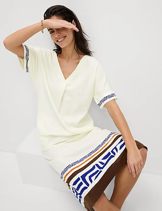 Linen Rich Printed V-Neck Midi Shift Dress
