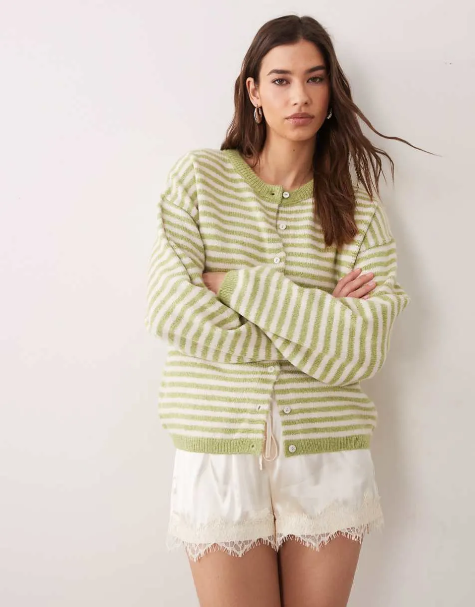 ASOS DESIGN lightweight relaxed cardigan in pistachio and white stripe