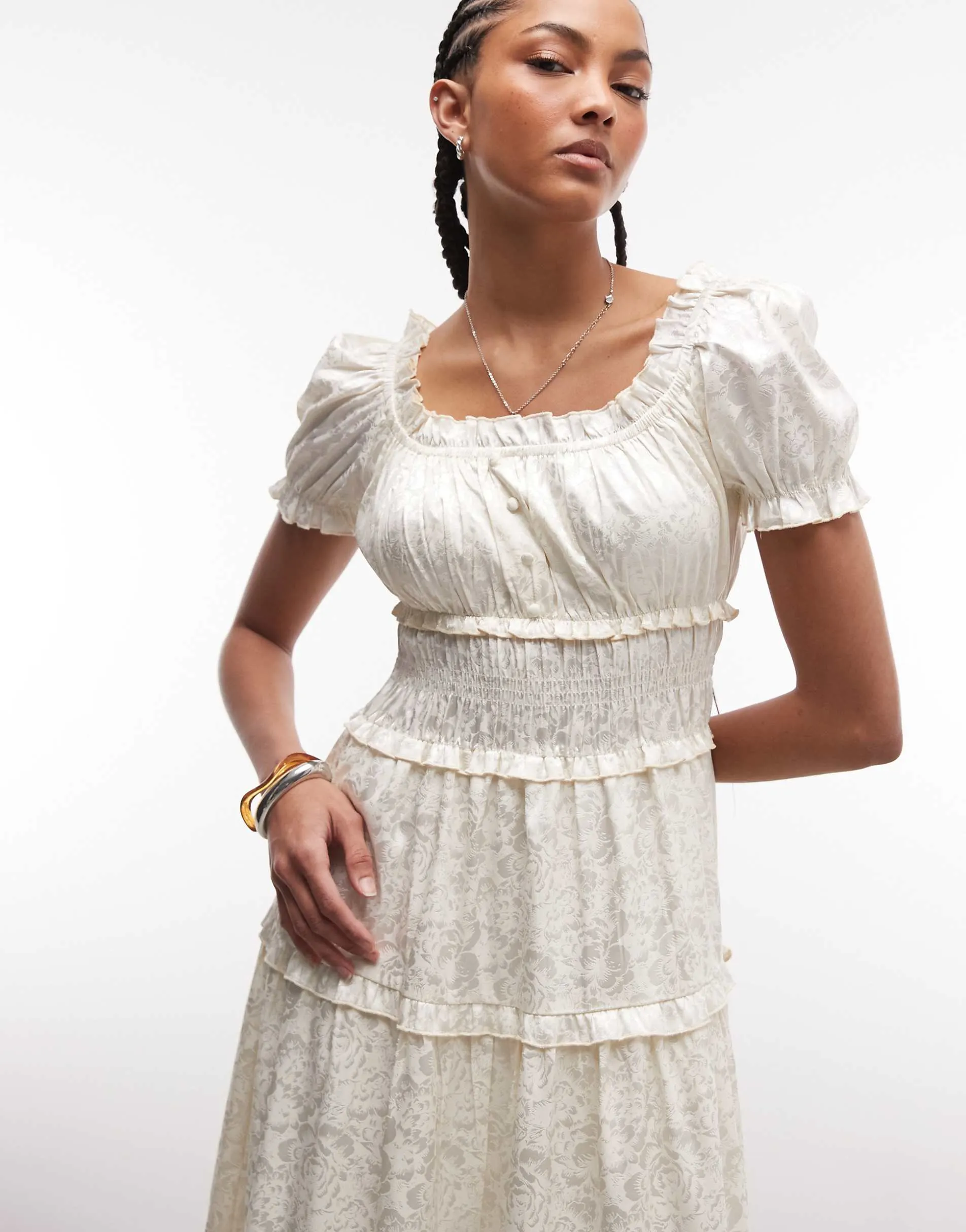 Daisy Street tiered midaxi dress in white jacquard
