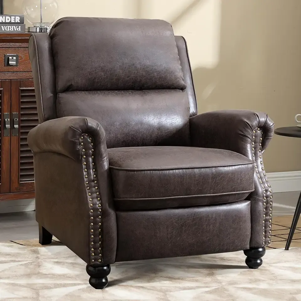 Push Back Recliner Chair Faux Leather Lounge Armchair with Rivet Decoration Wingback Single Sofa Chair with Padded Seat Solid Wood Legs for Living Room, Comfy Upholstered, Dark Grey