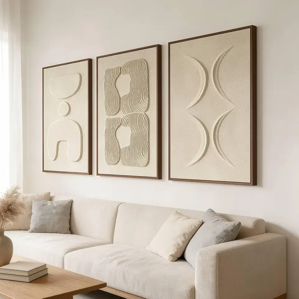 Large 3D Textured Wall Art for Living Room, Set of 3 Wabi Sabi Abstract Sandstone Relief Artwork with Solid Catalpa Wood Frame, Minimalist Triptych Pictures for Hallway Entryway, Sand Beige, 24x36 In