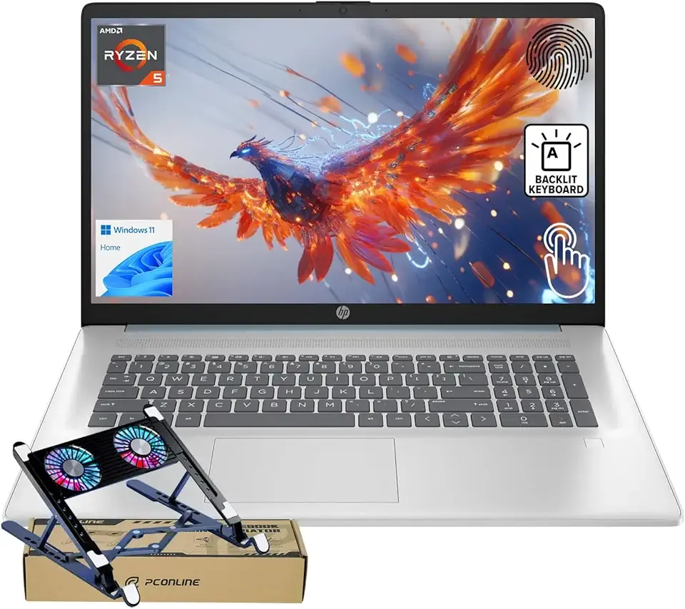 HP 17 Laptop PC, 17.3" HD+ Touchscreen, AMD Ryzen 5 7430U, 8GB RAM, 512GB PCIe SSD, Fingerprint Reader, Backlit KB, Webcam, HDMI, Wi-Fi 6, Win11 Home, Bundle with PCO Notebook Fold Radiator, Cooler