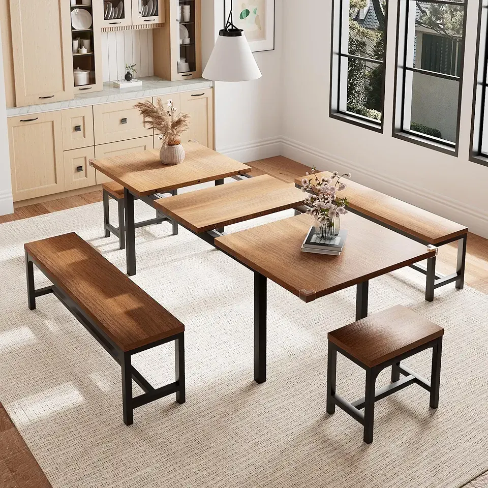 5 Pieces Dining Room Table Set for 4-6, 63" Extendable Kitchen Table Set with 2 Benches & 2 Stools, Small Dining Table Set with Metal Frame & MDF Board, Walnut