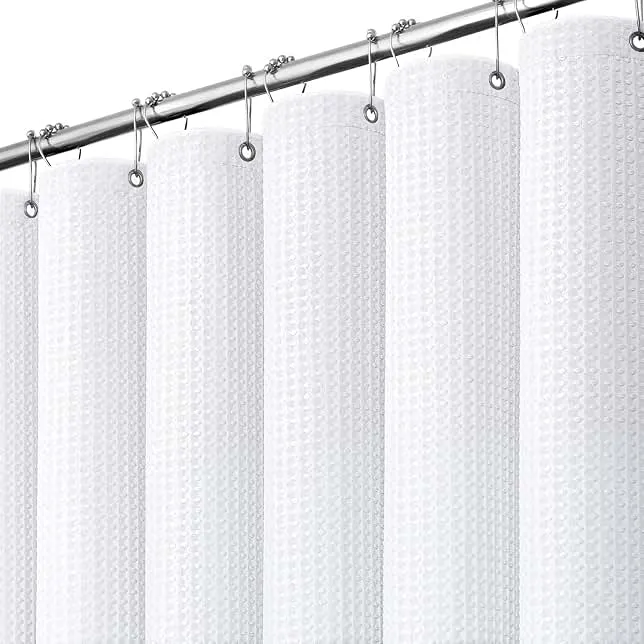 Dynamene Waffle Shower Curtain 256 GSM Heavy Duty Fabric 72"x72" White | Thick Textured Cloth, Weighted Hem, Water Repellent Washable, Hotel Luxury Polyester Shower Curtain Set for Bathroom 12 Hooks