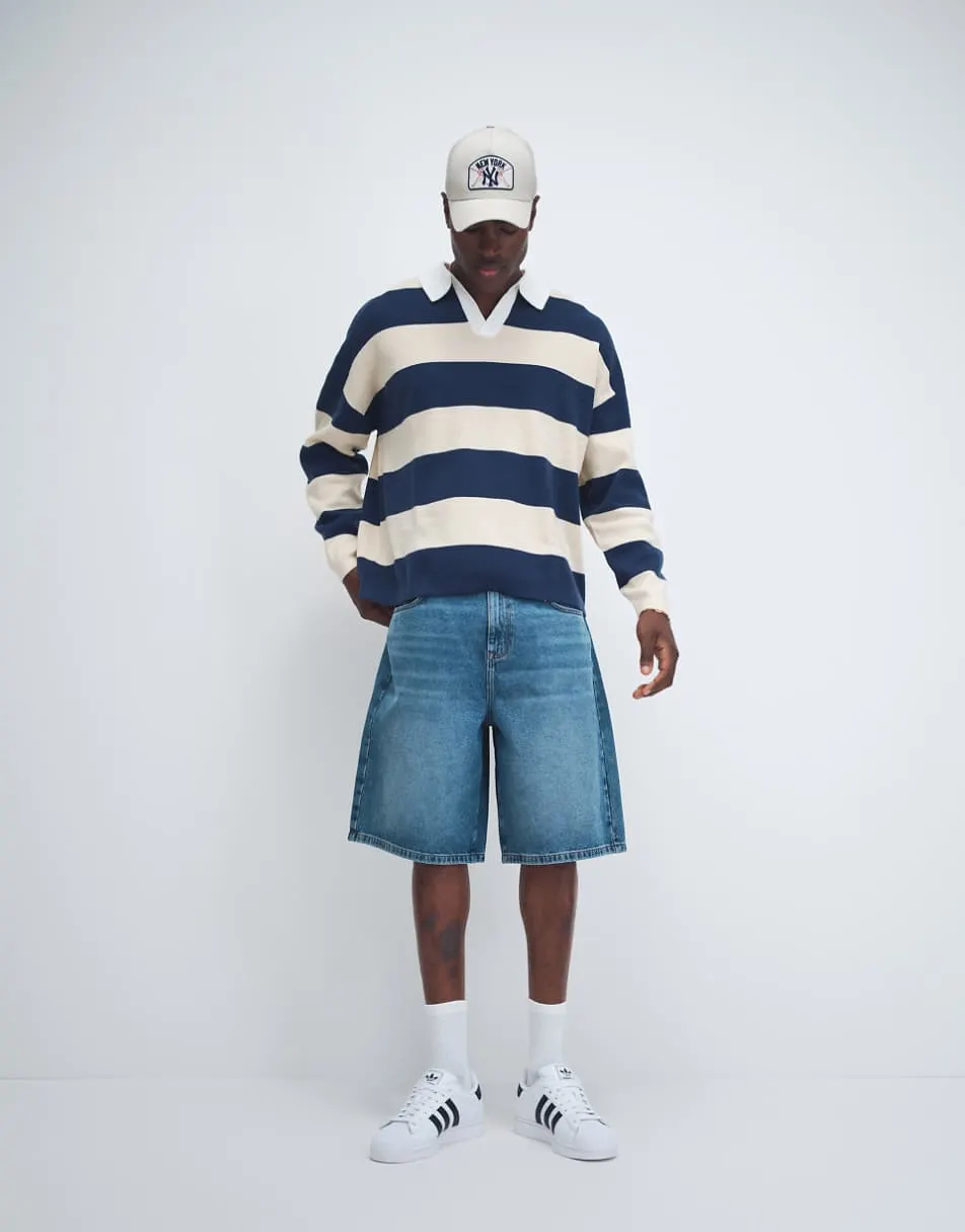 ASOS DESIGN relaxed knitted notch neck polo in navy and ecru stripe